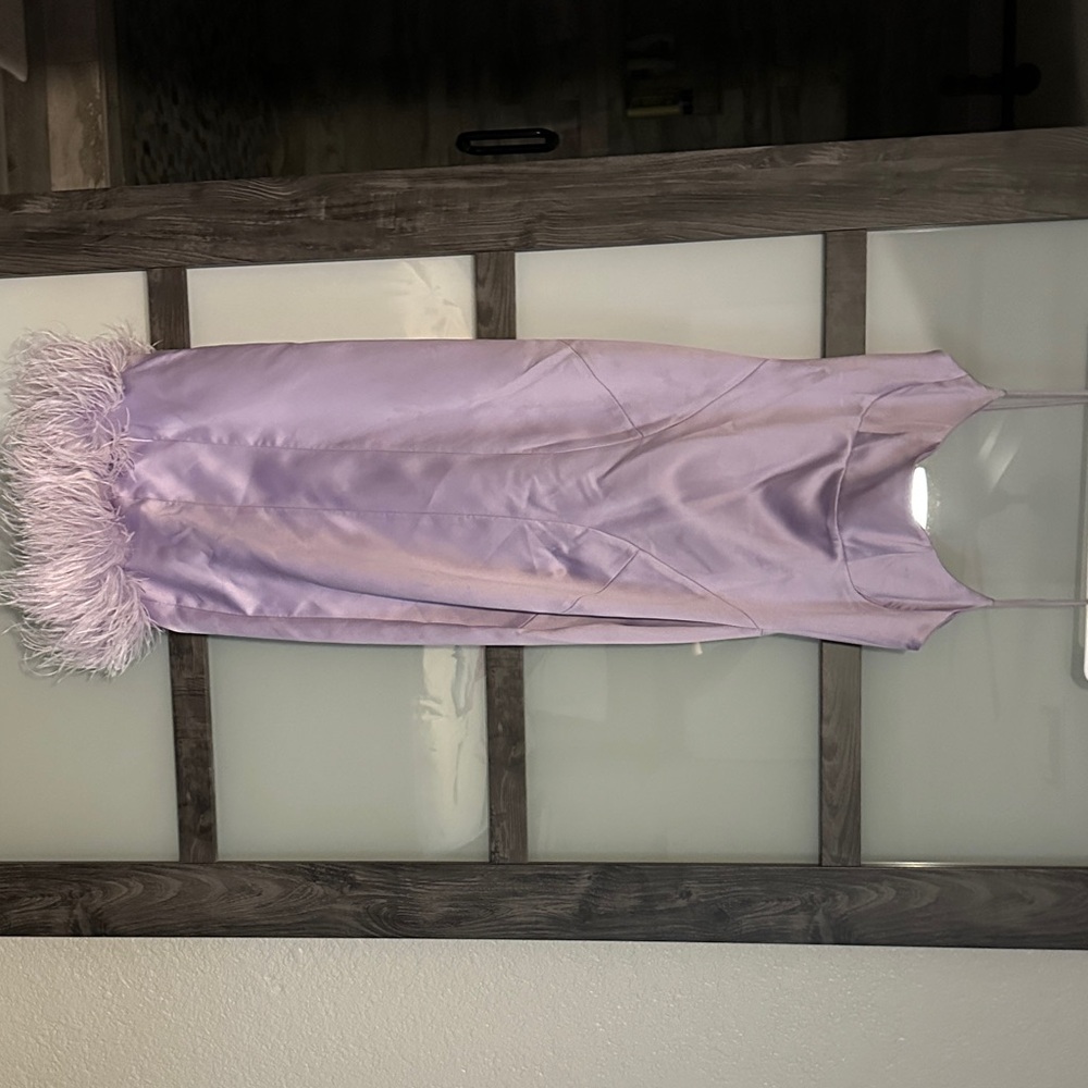 House of CB Lilac Satin Midi Dress with Feather Hem